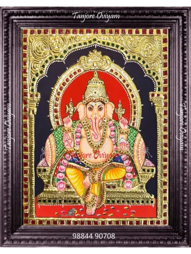 Lord Ganesha painting in traditional Tanjore style with gold foil work and classic Thanjavur craftsmanship